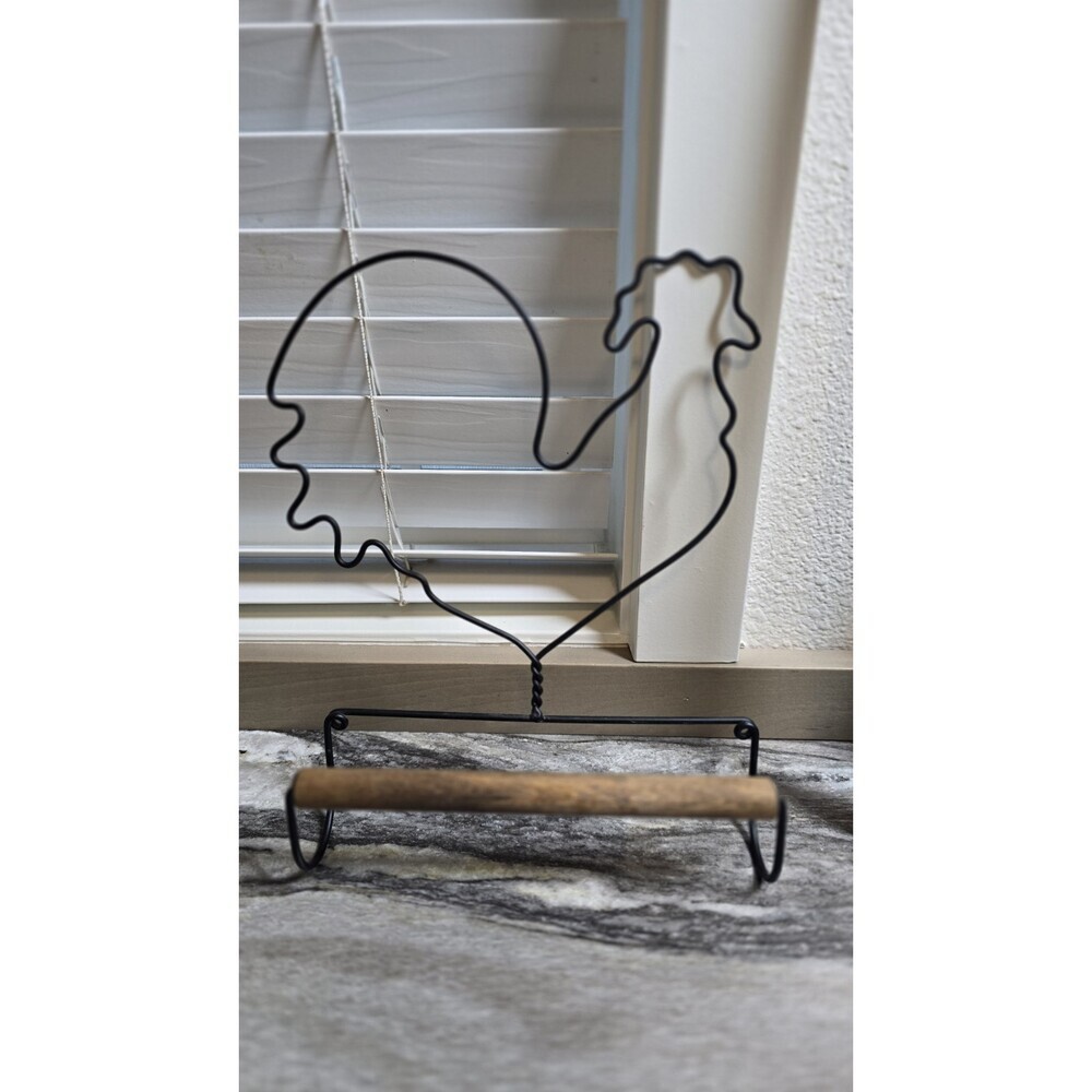 Country Rooster Metal Paper Towel Holder Black Wire Wood Farmhouse Kitchen